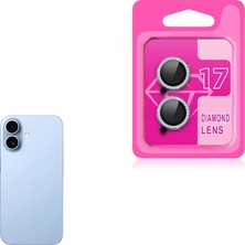 Kupa iPhone 17 Uyumlu Parlak Taşlı Kamera Koruma Lens Koruyucu Temperli Cam Mavi Açık