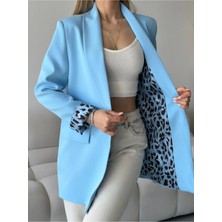 Vesantia Kadın Bebe Mavisi Leopar Astar Detaylı Blazer Ceket