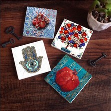 SÜS Nar Ağacı, Nar, Fatma Ana Eli  Taş Bardak Altlığı Seti - 4 Parça - Dekoratif, Rustik Mutfak Aksesuarı, 10X10 Cm, Kaydırmaz Tabanlı, Şık ve Dayanıklı SC191