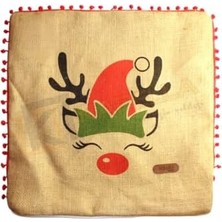 SÜS Püsküllü Jüt Kırlent Kılıfı 50 * 50 Renkli Geyik Desen