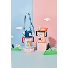 Nisar Store 400ML Silikon Pipetli Sevimli Ayıcıklı Boyun Askılı Bebek Kulplu Paslanmaz Çelik Termos (Lacivert)