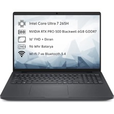 Dell Pro Max 16 MC16250 Intel Core Ultra 7 265H 64GB 1tb SSD 6gb Gddr7 Geforce Blackwell Rtx PRO500 16" Wi-Fi 7 Taşınabilir Iş Istasyonu