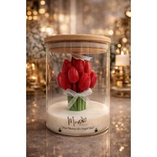 Mum Sihirliay Bambu Kapaklı Cam Kavanozda Kırmızı Lale