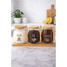 Chance Gift Bambu Kapaklı Kaşıklı Tombul Cam Kavanoz Seti 3’lü Standlı Çay Kahve Şekerlik Mutfak Düzenleyici