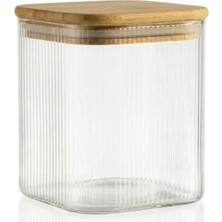 SÜS Bambu Kapaklı Kare Cam Kavanoz – 350 Ml, Sızdırmaz Contalı, Şeffaf Çizgili Tasarım, Çok Amaçlı Saklama Kabı