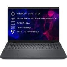 Dell Pro Max 16 PC16250 Intel Core Ultra 7 265H 64GB 1tb SSD Nvıdıa Rtx Pro 1000 Blackwell 8gb Gddr7 16" Freedos Taşınabilir Iş Istasyonu