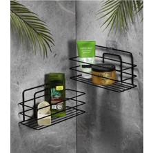 SÜS Ömür Boyu Paslanmaz Yapışkanlı Banyo Düzenleyici Şampuanlık Duş Rafı 2 Adet Siyah Tş-01