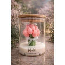 Mum Sihirliay Bambu Kapaklı Cam  Kavanozda Pembe Lale