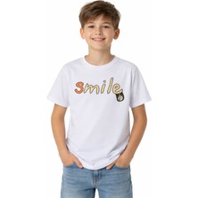 Xamazon Erkek Çocuk Önü Smile Yazılı Sırtı Emoji Desenli Beyaz Renk  Tişört