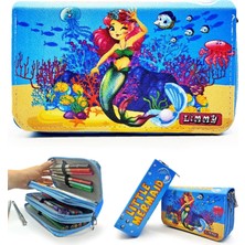 SÜS Kalem Kutusu Deniz Kızı Desenli Organizer Kalemkutu Vegan Deri Üç Bölmeli Kalemlik-Mavi