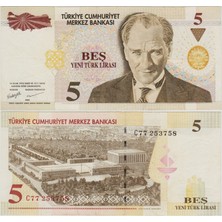 Banknoting 8. Emisyon 5 Ytl C77 Yeni Türk Lirası. Çok Çok Temiz(-)