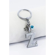 Biuti Gümüş Renkli Yıldızlı Nazar Boncuklu Metal Z Harfi Anahtarlık / Harfli Çanta Süsü