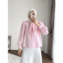 RFK Butik Kadın Etek Üstü Yaka Bağlamalı Poplin Gömlek - Pembe