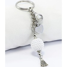 Biuti Gümüş Kalp Metalik Küçük Anahtarlık, Incili Deniz Kabuklu Küçük Çanta Süsü