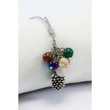 Biuti Yedi Çakra Doğaltaş Salkımlı Metal Kozalak Araba Dikiz Ayna Süsü, Gümüş Renkli Araba Hediyesi