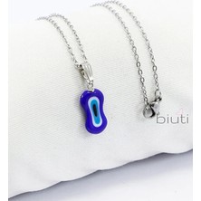 Biuti Asimetrik Modern Lacivert El Yapımı Nazar Boncuğu Gold Renkli Çelik Kolye, Hediyelik Kolye