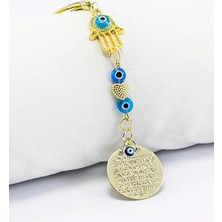 Biuti Turkuaz Minik Nazar Boncuklu Metal Ayet'el Kürsi Araba Dikiz Ayna Süsü, Hamse Fatma Ana Eli