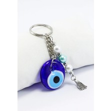 Biuti El Yapımı Cam Nazar Boncuklu Anahtarlık, Cam Göbeği Beyaz Incili Püsküllü Hediyelik Aksesuar