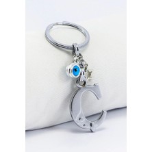 Biuti Gümüş Renkli Yıldızlı Nazar Boncuklu Metal Ç Harfi Anahtarlık / Harfli Çanta Süsü