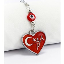 Biuti Dikiz Ayna Süsü, Metal Kırmızı Kalpli Türkiye Bayrak ve Logolu Kırmızı Nazar Boncuklu