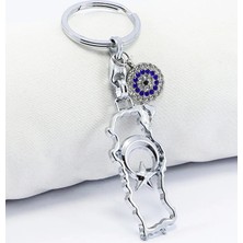 Biuti Ajurlu Gümüş Renk Metal Türkiye Haritası Anahtarlık,parlak Taşlı Nazar Boncuklu Hediyelik Anahtarlık