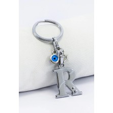 Biuti Gümüş Renkli Yıldızlı Nazar Boncuklu Metal R Harfi Anahtarlık / Harfli Çanta Süsü