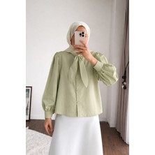 RFK Butik Kadın Etek Üstü Yaka Bağlamalı Poplin Gömlek - Açık Yeşil
