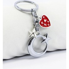 Biuti Kırmızı Metal Yıldızlı Kalpli Krom Ay Yıldız Metal Anahtarlık, Hediyelik Çanta Süsü