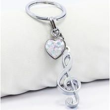 Biuti Gümüş Renkli Metal Sol Anahtarı Figürlü Anahtarlık, Parlak Yıldızlı Metal Kalp