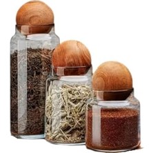 SÜS 3’lü Ahşap Kapaklı Cam Saklama Kavanoz Seti – Modern Küre Kapak Tasarımıyla Kuruyemiş, Kahve, Şeker ve Baharat Depolama