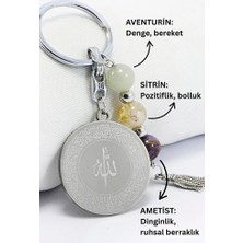 Biuti Çelik Çift Taraflı Ayetel Kürsi Felak Nas Ihlas Anahtarlık, Doğal Taş Aventurin, Sitrin, Ametist
