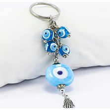 Biuti Mavi Danagözü Nazar Boncuğu Metal Püsküllü Anahtarlık, Turkuaz Nazar Salkımlı Küçük Çanta Süsü
