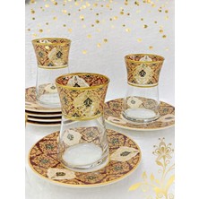 SÜS Heybeli Altın Bordo Desenli Cam Porselen Çay Seti 6 Kişilik Tea Set For 6 Persons Premium Porcelain
