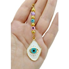 Biuti Renkli Cam Nazar Boncuklu Araba Dikiz Ayna Süsü Metal Beyaz Göz Yeni Araba Hediyesi