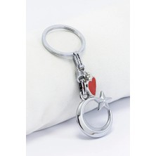 Biuti Kırmızı Metal Kalpli Gümüş Renkli Ay Yıldız Metal Anahtarlık, Hediyelik Çanta Süsü