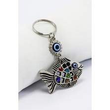 Ennea Art Nazar Boncuklu Parlak Taşlı Metal Balık Anahtarlık, Çanta Süsü