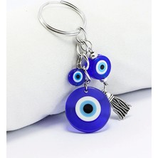 Biuti Üç Nazar Boncuklu Metal Püsküllü Anahtarlık, Hediyelik Küçük Çanta Süsü