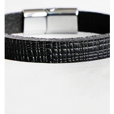 Biuti Desenli Siyah Hakiki Deri Erkek Bileklik Mıknatıslı Metal Açma Kapama, Sevgililer Günü Hediyesi