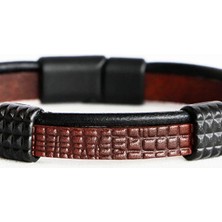 Biuti Taba Rengi ve Siyah Çift Renkli Baskılı Hakiki Deri Erkek Bileklik Mıknatıslı, Sevgili Hediyesi