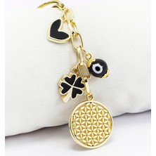 Biuti Metal Yonca, Yaşam Çiçeği, Kalp Cam Nazar Boncuğu Araba Dikiz Ayna Süsü Gold Renkli