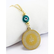 Biuti Zümrüt Yeşili Yassı Nazar Boncuğu 316L Çelik Ayetel Kürsi Nazar Ayeti Zincirli Araba Dikiz Ayna Süsü