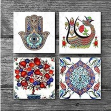 SÜS Şahmeran, Çini Sanatı, Nar Ağacı, Fatma Ana Eli  Taş Bardak Altlığı Seti - 4 Parça - Dekoratif, Rustik Mutfak Aksesuarı, 10X10 Cm, Kaydırmaz Tabanlı, Şık ve Dayanıklı SC186