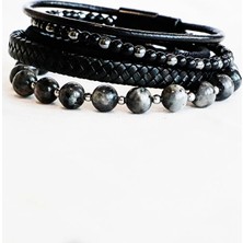 Biuti Erkek Bileklik Üçlü Kombin Oniks Doğal Taşlı + Hakiki Deri Bileklik + Spektrolik Ddoğaltaş Bileklik