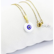 Biuti Beyaz Lacivert El Yapımı Yassı Nazar Boncuğu Gold Renkli Zincirli Çelik Kolye, Hediyelik Kolye