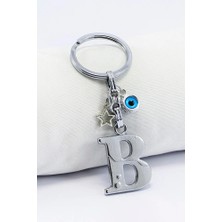 Biuti Gümüş Renkli Yıldızlı Nazar Boncuklu Metal B Harfi Anahtarlık / Harfli Çanta Süsü