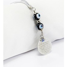 Biuti Siyah Cam Çift Nazar Boncuğu Gümüş Renkli Metal Ayetel Kürsi Dikiz Ayna Süsü