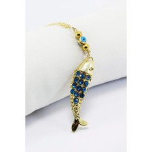 Biuti Turkuaz Parlak Taşlı Balık Cam Nazar Boncuğu Araba Dikiz Ayna Süsü, Gold Renkli Lüks Araç Süsü