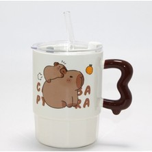 EkoAlışverişDünyam Sevimli Capybara Figürlü Kapaklı Porselen Kupa Bardak