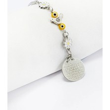 Ennea Art Sarı Cam Nazar Boncuğu Metal Papatyalı Kuşlu Metal Ayet'el Kürsi Dualı Dikiz Ayna Süsü