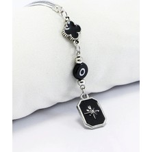 Biuti Siyah Beyaz Cam Nazar Boncuğu Siyah Yonca Metal Kuzey Yıldızı Araba Dikiz Ayna Süsü Gümüş Renkli